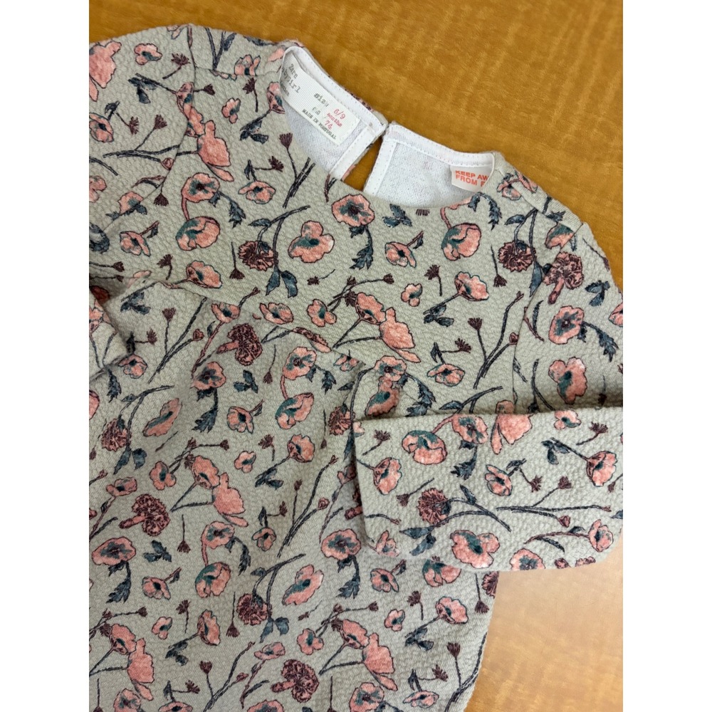 Zara Baby Girl Floral Long Sleeve Dress Sage Pink Poppy Print 6-9 Months 74cm